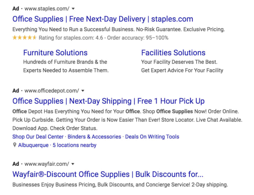 paid search results for office supply delivery