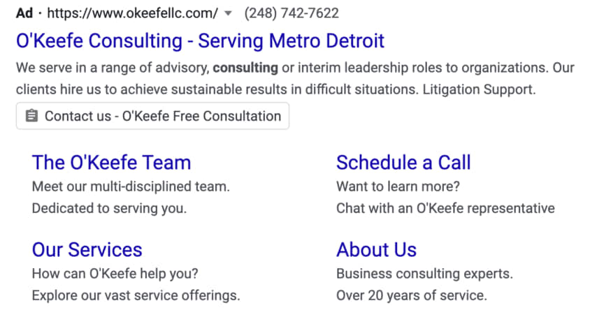 google paid search ad for o'keefe consulting