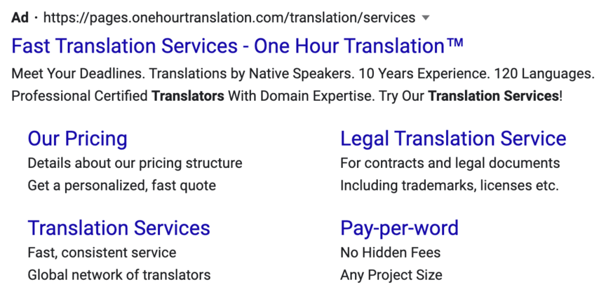 One hour translation Google PPC ad