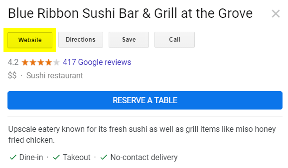Website button in Google listing