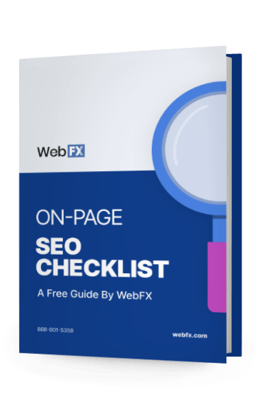 A digital representation of a guide titled 'ON-PAGE SEO CHECKLIST' by WebFX with a magnifying glass icon on the cover.