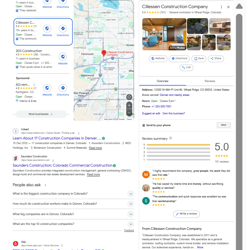 Optimized Google Business Profile listing for a construction company with photos, reviews, business hours, and service areas.