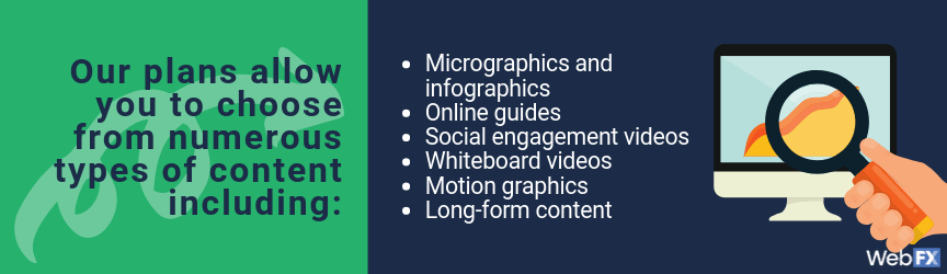 Types of content to choose from in WebFX plans