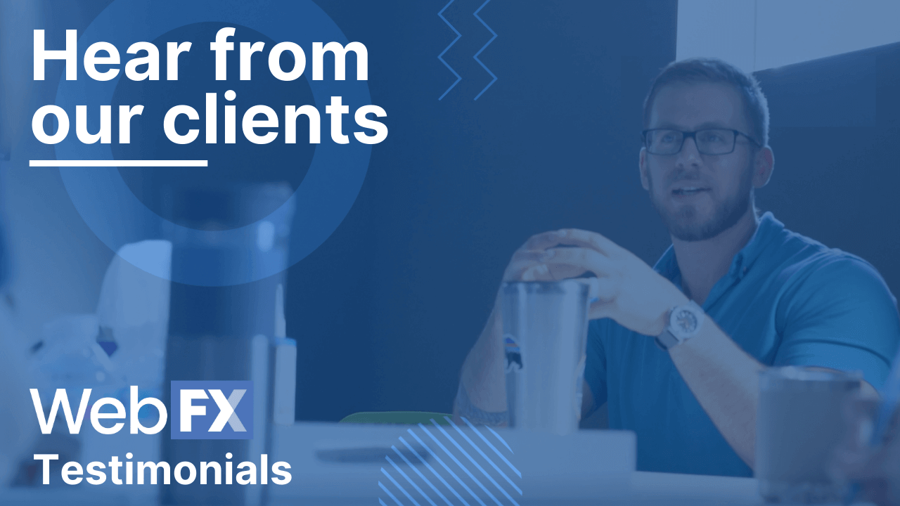 A man in glasses and a blue polo shirt sitting at a desk with a transparent cylinder, with text 'Hear from our clients - Web FX Testimonials' and graphic elements in the background.