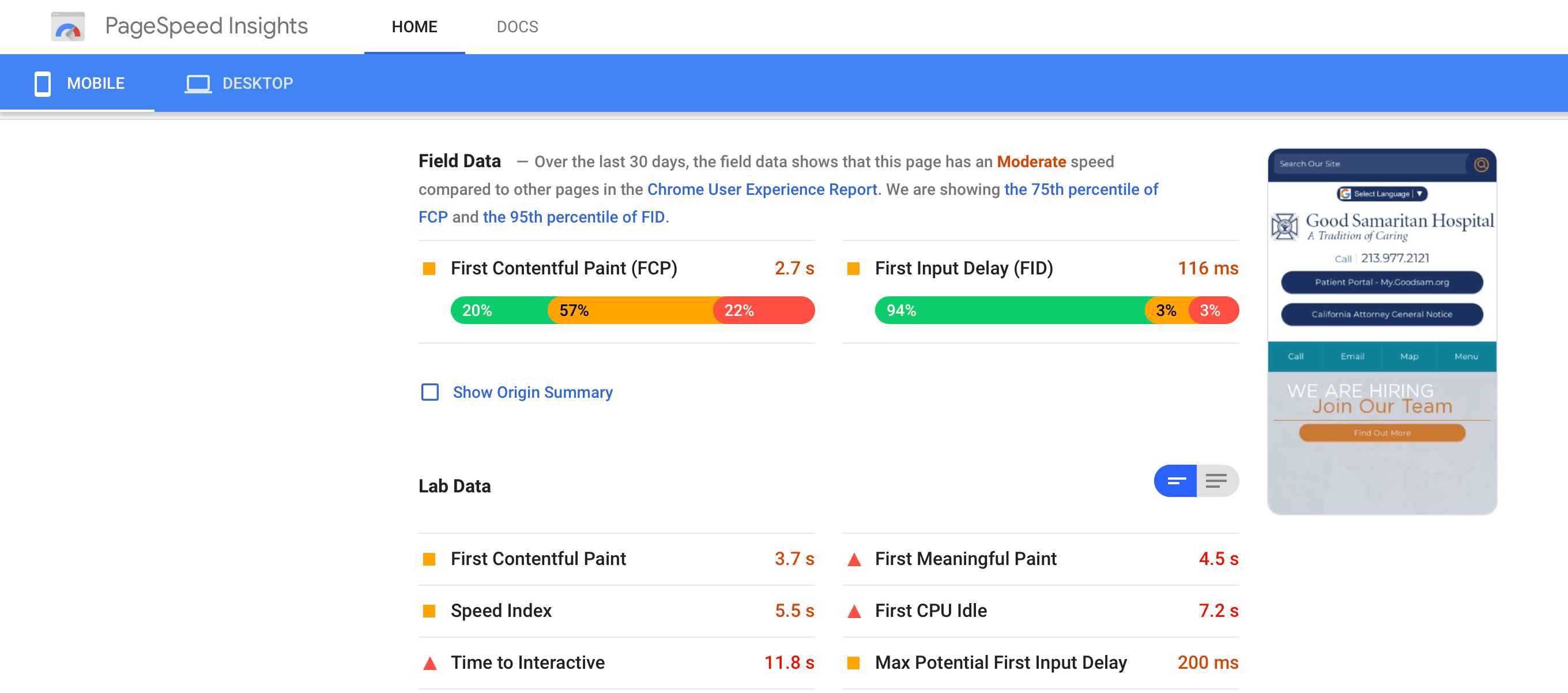 pagespeed insights healthcare example