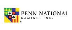 Logo of Penn National Gaming, Inc., featuring a colorful shield with a horse, playing cards, dice, and a casino chip, next to the text 'PENN NATIONAL GAMING, INC.' and 'EST. 1972'.