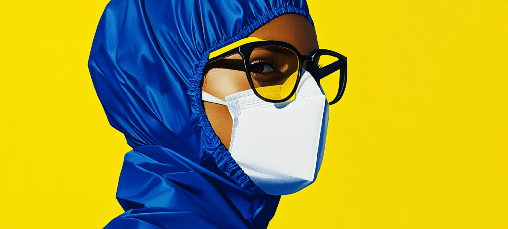 Person in blue protective gear, mask, and glasses.