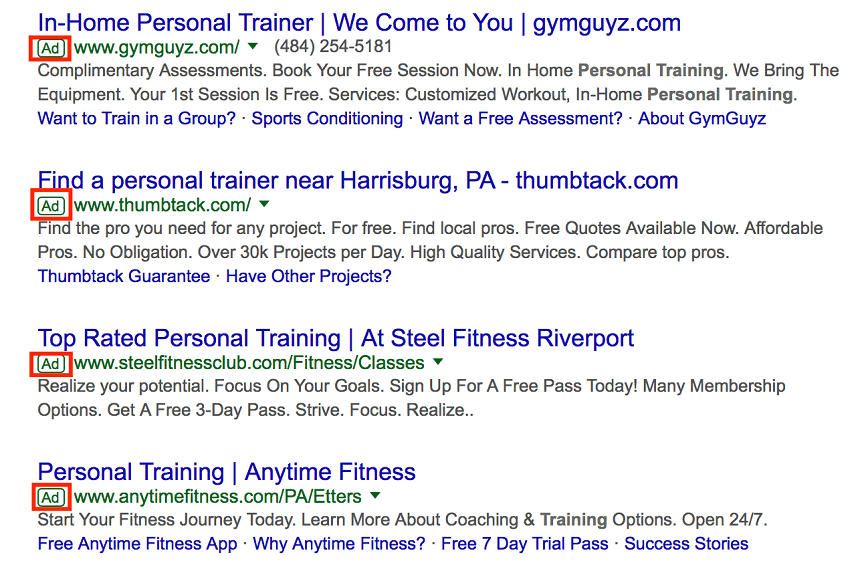 personal trainers ppc example