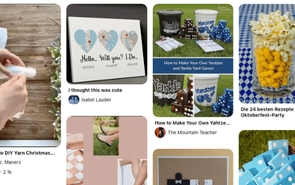 A collage of Pinterest pins featuring DIY projects, recipes, and creative ideas such as writing on cards, yard games, and decorative crafts.