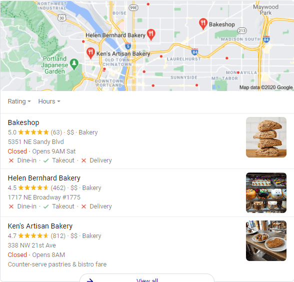 Portland bakery google my business listing results