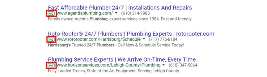 PPC ad example plumbers