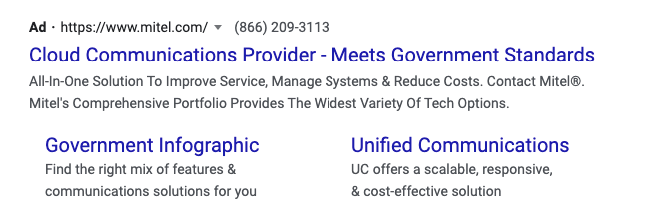 mitel cloud communications paid search ad with extensions