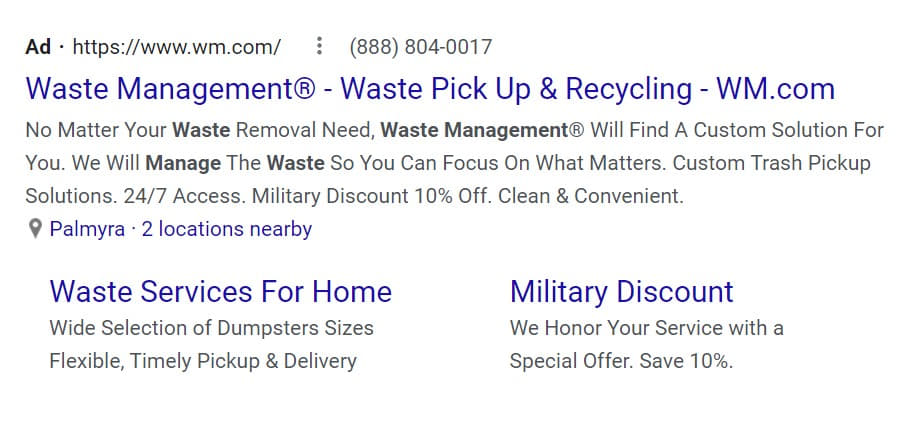 waste management paid search website listing