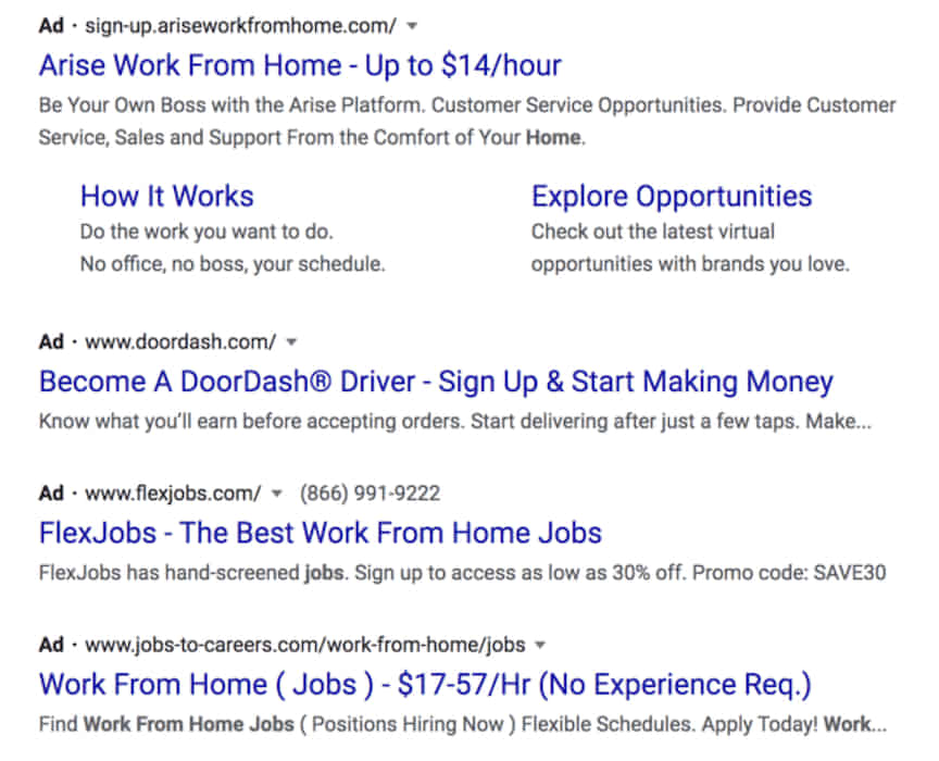 paid search results for work from home jobs