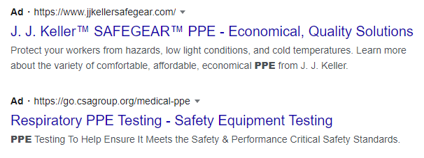 PPC ads on Google for PPE companies