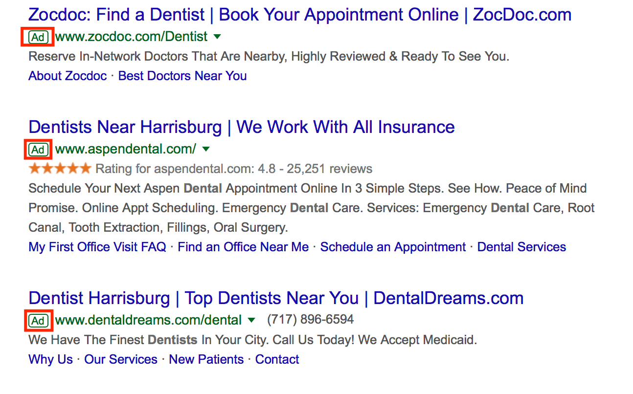 Dentist PPC example