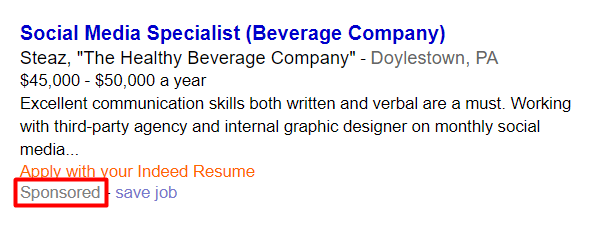 advertisement featured in PPC job board for social media specialist position