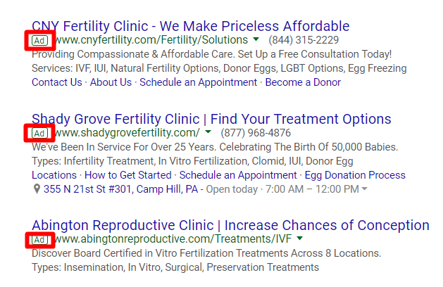 ppc listing for fertility clinic