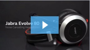 Jabra Evolve 80 noise-cancelling headphones with a play button overlay and text description.