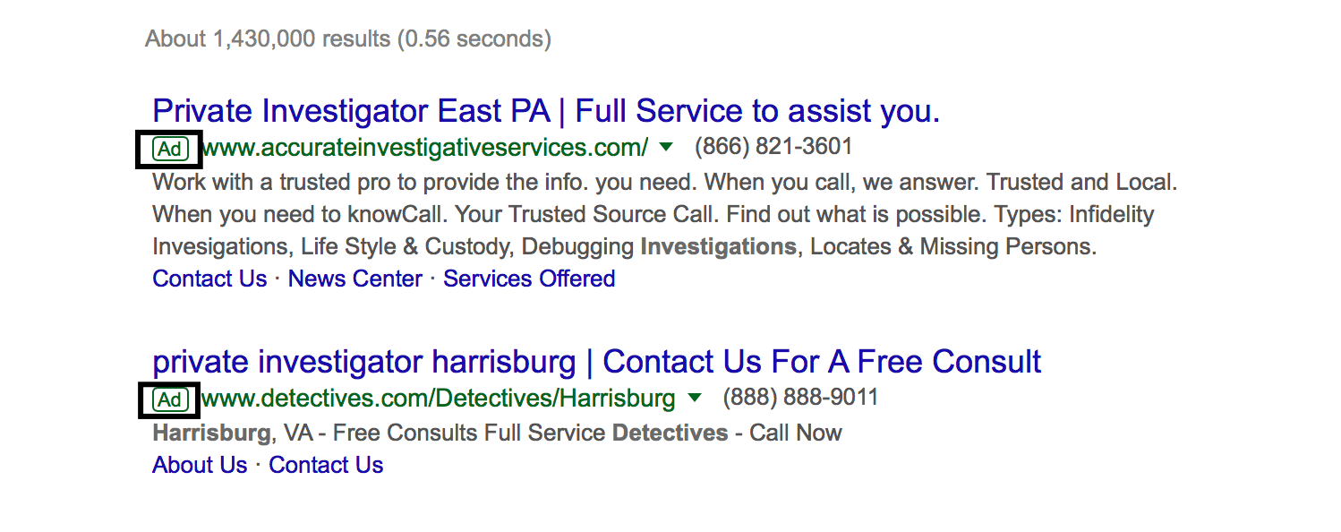 Private investigator google search results