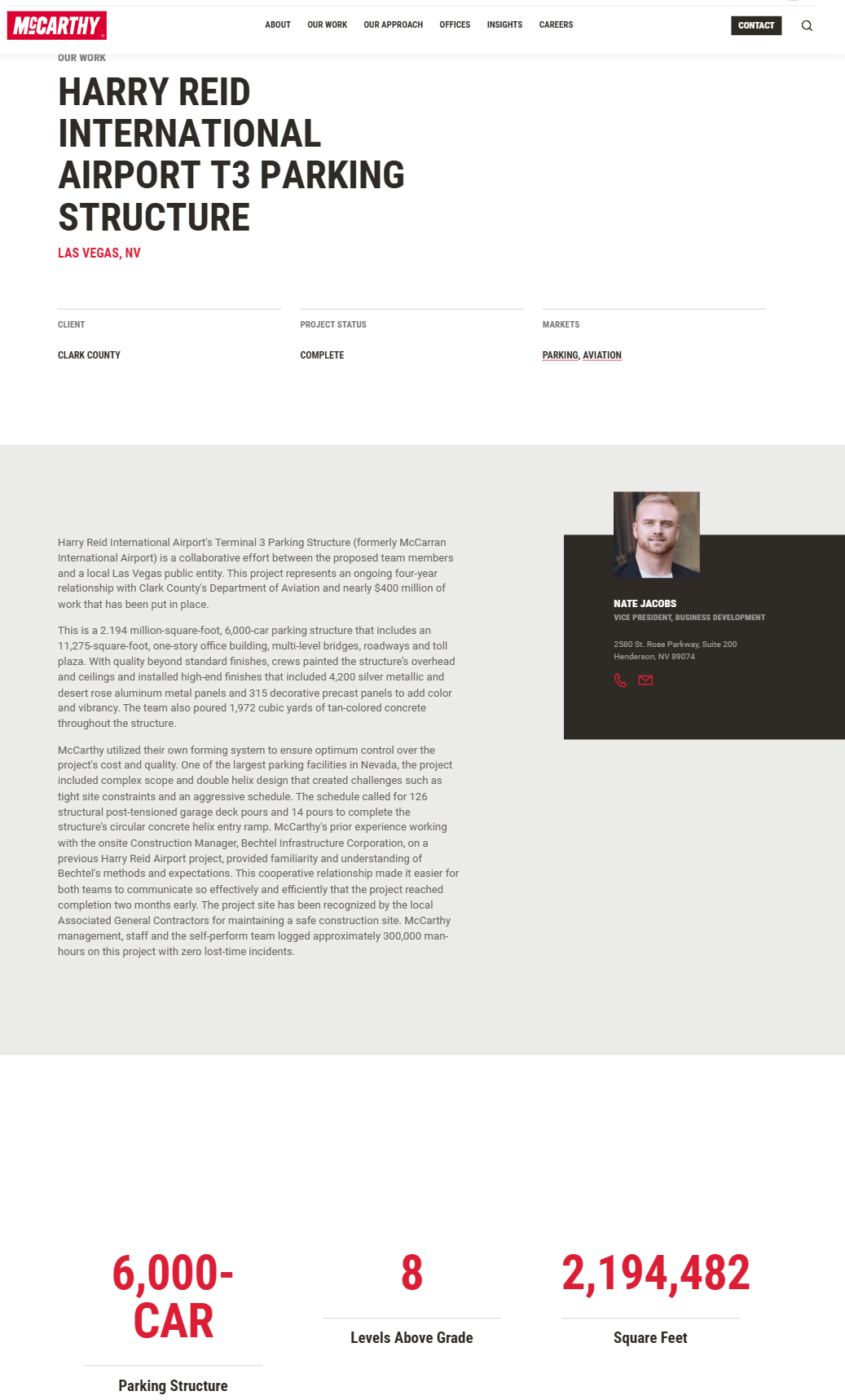 Commercial construction portfolio page highlighting airport parking structure project details, client information, and square footage statistics.