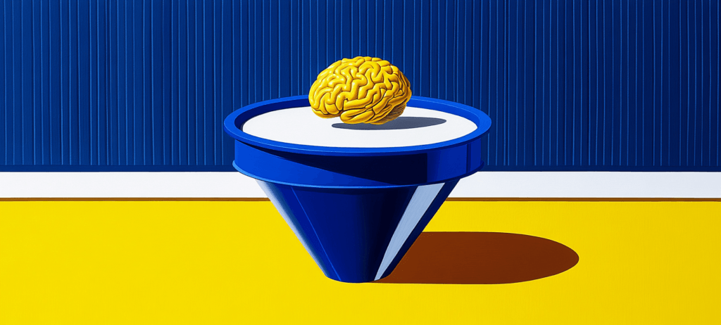 Yellow brain on a blue cone-shaped pedestal.