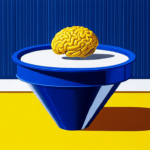 Yellow brain on a blue cone-shaped pedestal.
