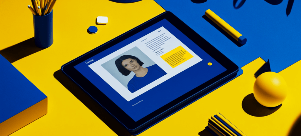 Tablet displaying a woman's profile on a blue and yellow desk.