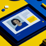 Tablet displaying a woman's profile on a blue and yellow desk.