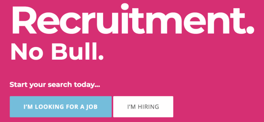 job application CTA; pink background; text overlay: recruitment. no bull.