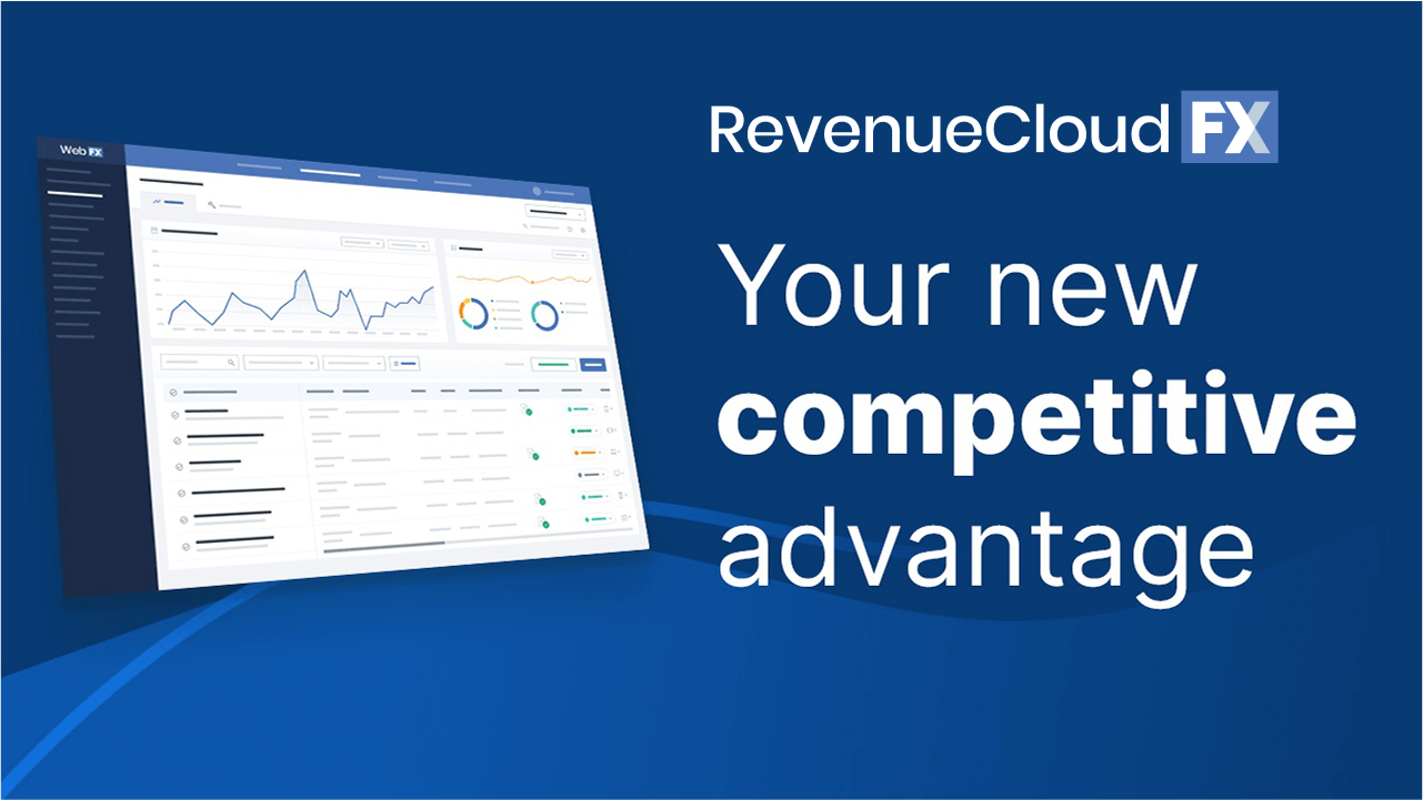 Promotional graphic for RevenueCloudFX featuring a dashboard interface with charts and the slogan 'Your new competitive advantage' in blue and white color scheme.