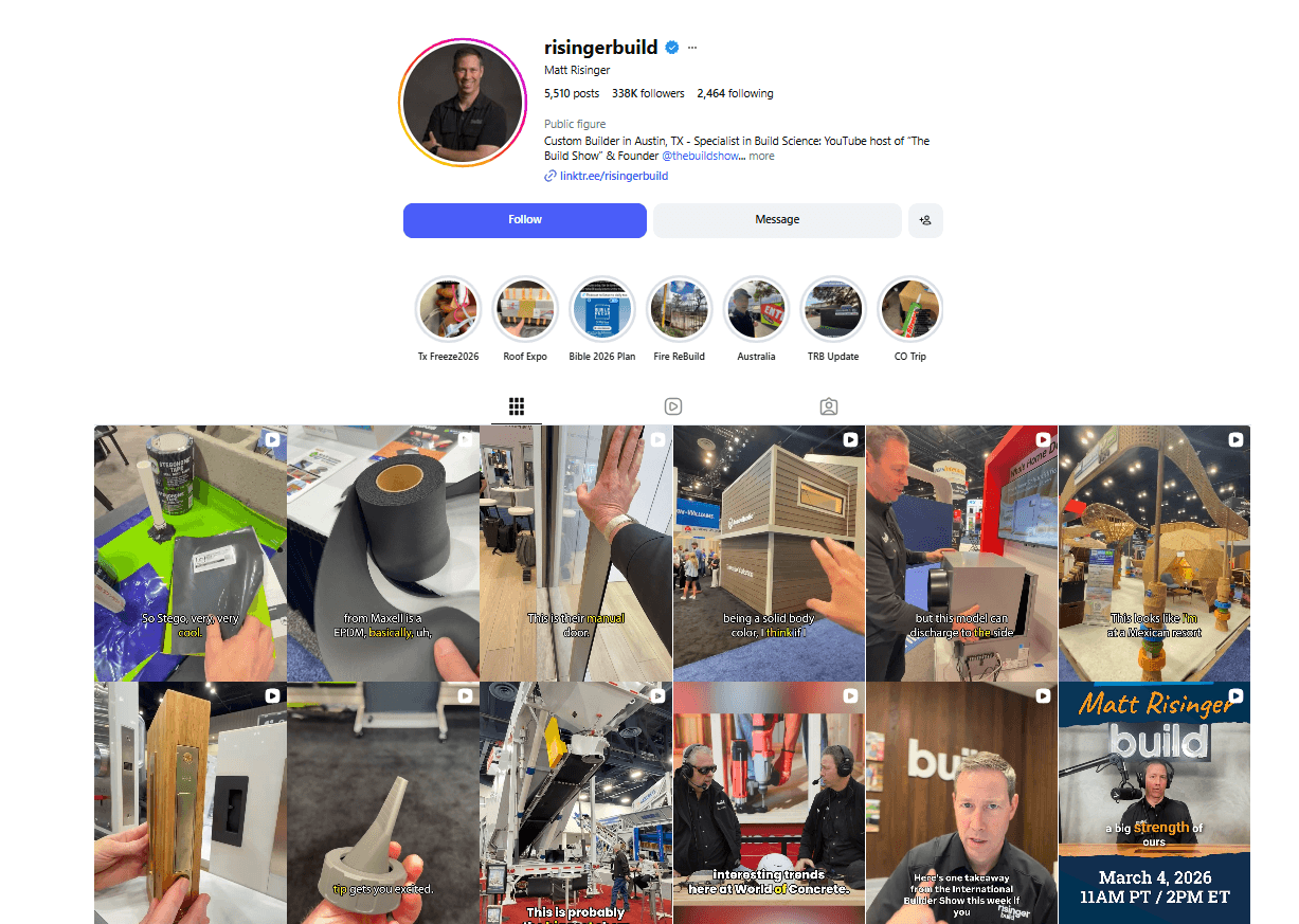 Instagram profile of a custom home builder featuring construction project videos, reels, and behind-the-scenes content.