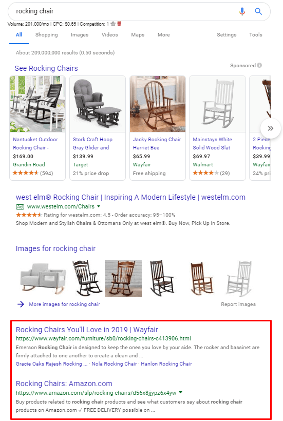 search engine results page with organic results labeled