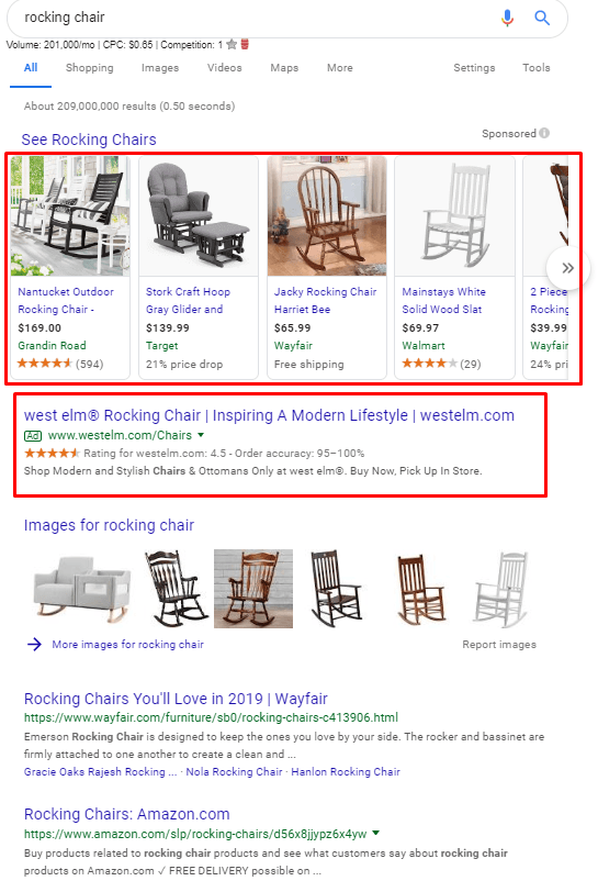 search engine results page with paid results labeled