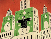 Illustration of a man in a suit falling between cracked green art deco buildings with white dollar signs around, against a textured red background, evoking a financial crisis theme.