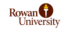 Logo of Rowan University featuring a torch with a flame above the university name in red and brown colors.