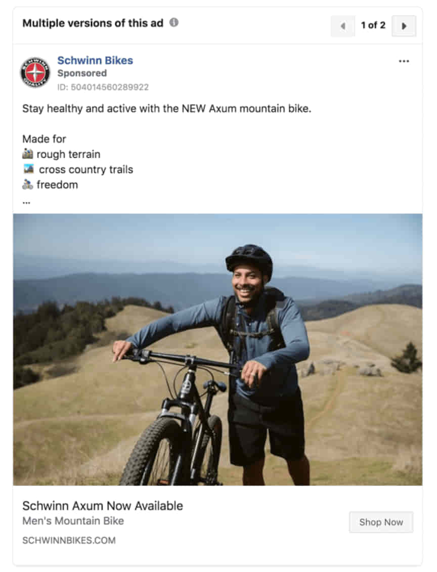schwinn bikes facebook ad for axum mountain bike