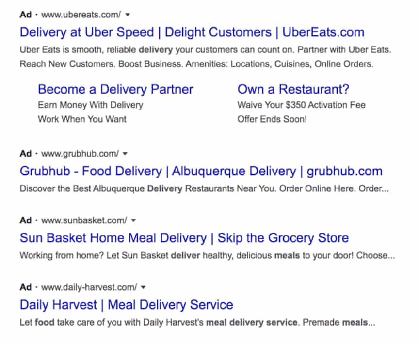 google paid search results food delivery