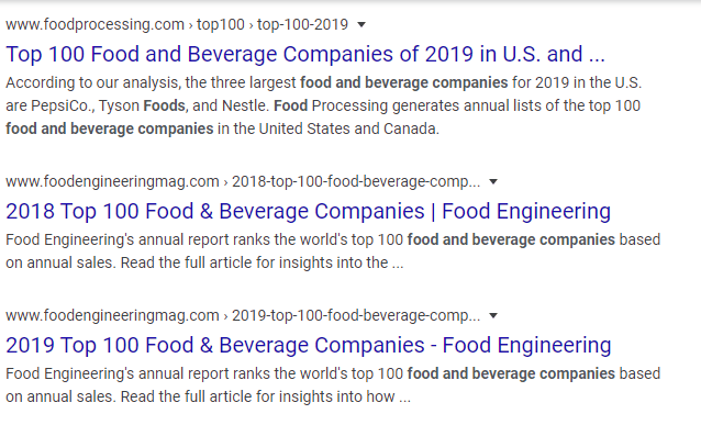 Top food and beverage company search results