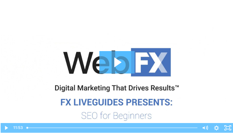 WebFX logo with the tagline 'Digital Marketing That Drives Results' and a subtitle 'FX LIVEGUIDES PRESENTS: SEO for Beginners'.