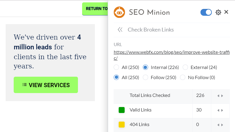 SEO minion broken link check preview