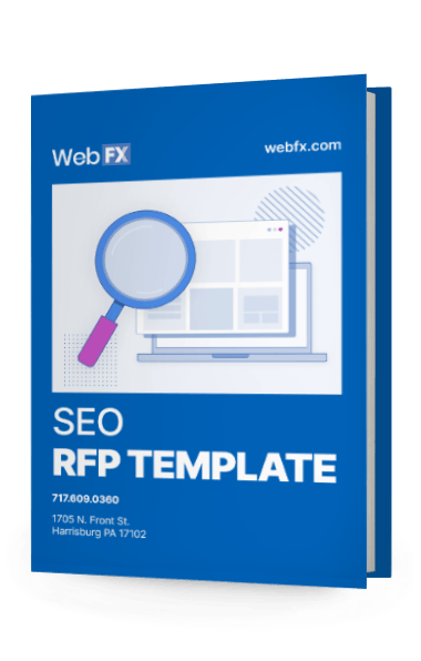 A standing book with a blue cover featuring the WebFX logo, a magnifying glass over a computer monitor illustration, and text that reads 'SEO RFP TEMPLATE'. Contact information is also visible at the bottom.