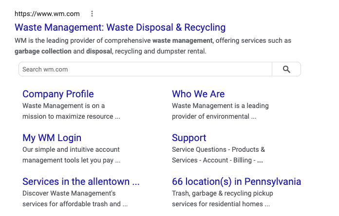 waste management website organic search result