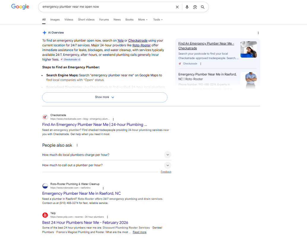 Modern search results featuring AI Overviews and multiple content formats beyond traditional blue links.