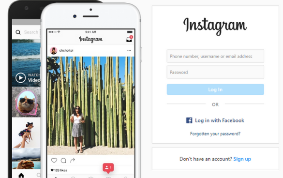 A smartphone displaying an Instagram post with a person posing in front of tall cacti, alongside a screenshot of the Instagram login page on a web browser.