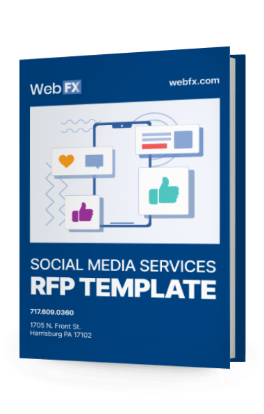 Brochure cover for WebFX's Social Media Services RFP Template with contact information and social media interaction icons.