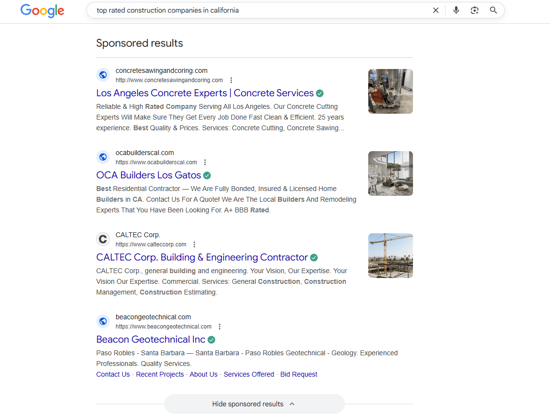 Google search results page showing sponsored ads for top-rated construction companies and concrete services.