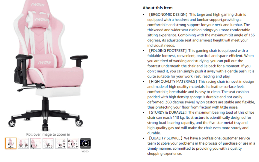 Product description for a pink office chair.