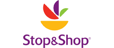 Logo of Stop & Shop featuring a stylized bowl with a colorful assortment of abstract fruit shapes above it, and the words 'Stop & Shop' in purple and orange.