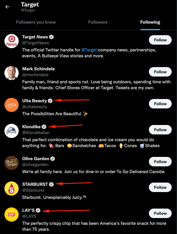 Profiles Target follows on Twitter